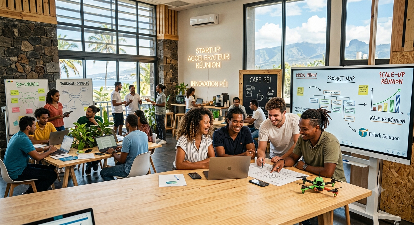 Équipe de start-up réunionnaise en atelier de travail dans un espace d'accélération