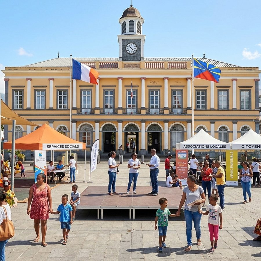 Parvis d'une mairie réunionnaise lors d'une journée de services aux habitants