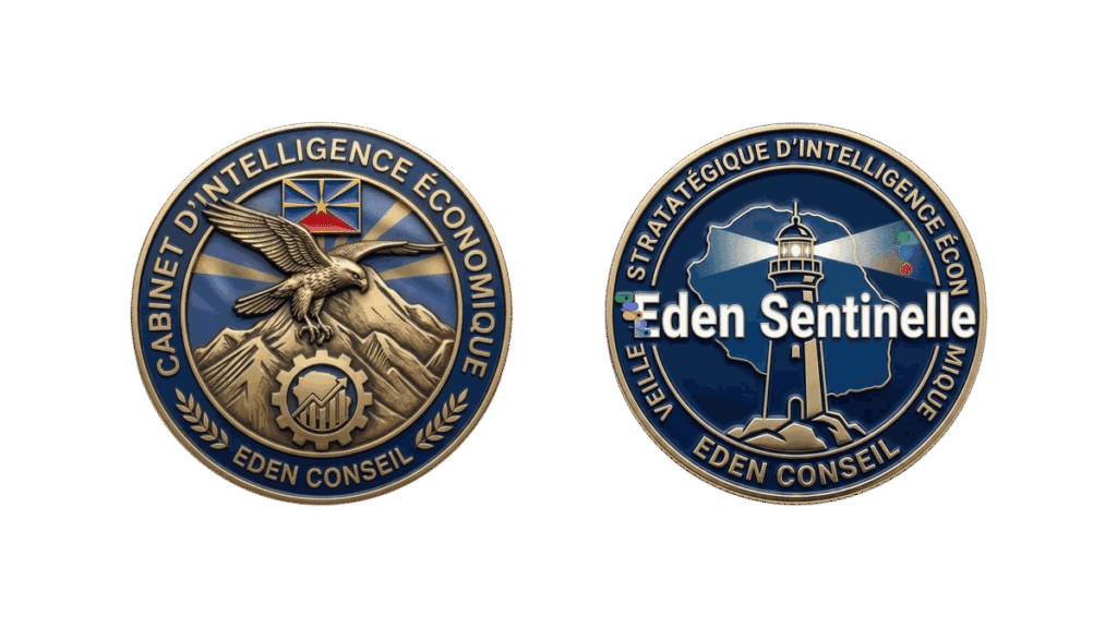 Écussons Eden Conseil, cabinet d'intelligence économique, et Eden Sentinelle, veille stratégique