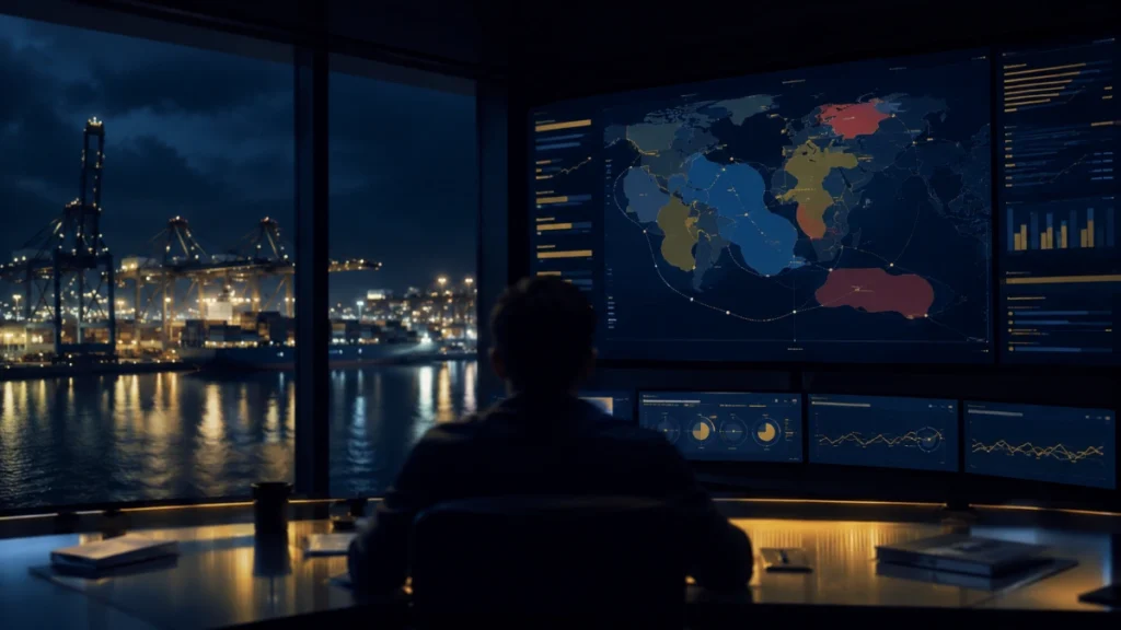 Poste de pilotage portuaire de nuit affichant une cartographie des risques, illustrant les objectifs atteints avec Eden Sentinelle Premium