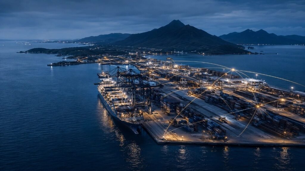 Vue aérienne au crépuscule d'un port à conteneurs insulaire sous surveillance, dispositif Eden Sentinelle Premium