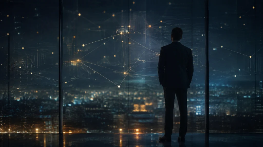 Analyste devant un mur de signaux reliés illustrant la veille d'intelligence économique augmentée par l'IA d'Eden Sentinelle