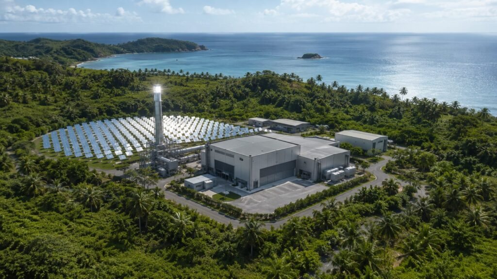 Vue aérienne d'une unité industrielle de fusion solaire, champ d'héliostats et tour de concentration en zone littorale tropicale