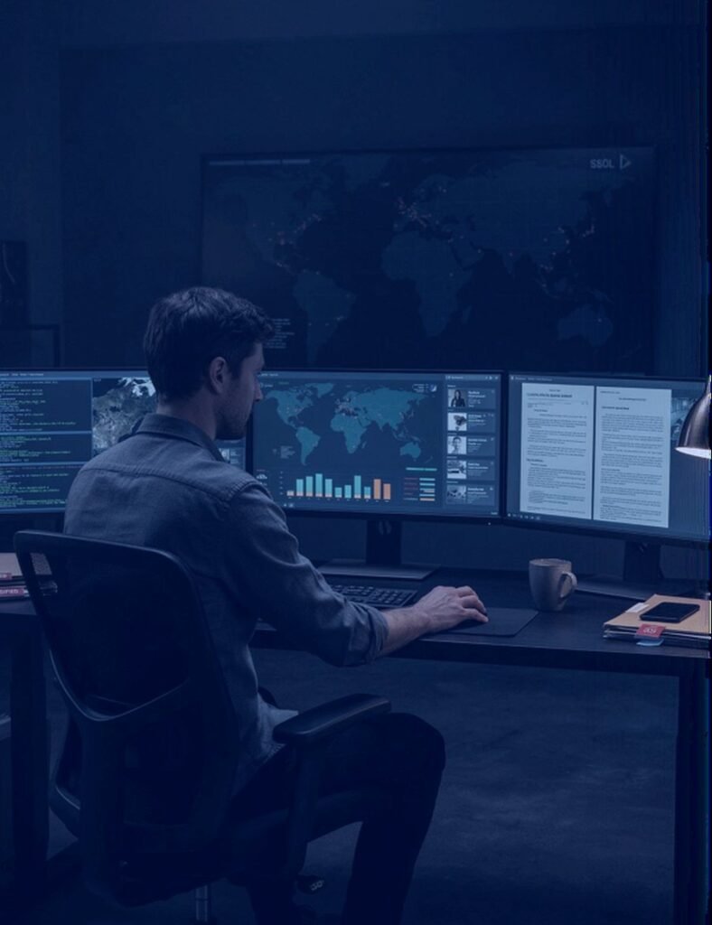 Analyste Eden Conseil devant ses écrans de veille, cartographie mondiale et tableaux de bord d'intelligence économique