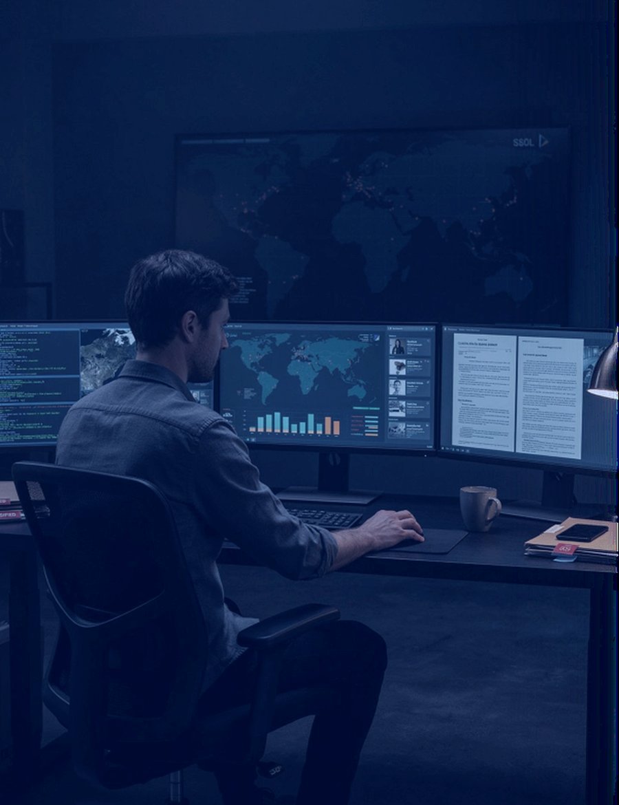 Analyste Eden Conseil devant ses écrans de veille, cartographie mondiale et tableaux de bord d'intelligence économique