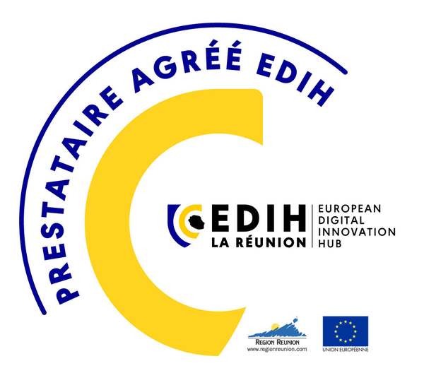 Macaron Prestataire agréé EDIH La Réunion, European Digital Innovation Hub, Région Réunion et Union européenne